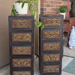 Vintage Tall Metal Tapestry Studded Eclectic Chest Of Drawers Set Of Two