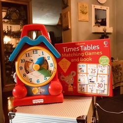 Vintage Fisher Price Musical Teaching Clock And Usborne Times Table Matching Games And Book