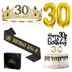 30th Birthday Gifts For Men, 30th Birthday Decorations For Men, Party Decor Supplies Including King Crown & Sash & Balloons & Cake Topper & Candles