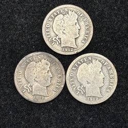Set 1912 P, D, S Barber Silver Dimes--LOW COST COIN SET WITH KEY DATE! — SHIPPING AVAILABLE!!