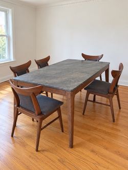 MCM Walnut Dining Table Faux Marble & 5 Chairs