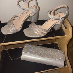 Size 7.5 Silver Rhinestone heels And Matching Clutch