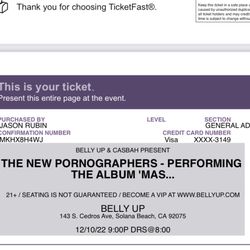 New pornographers Two Tickets Belly Up 12/10