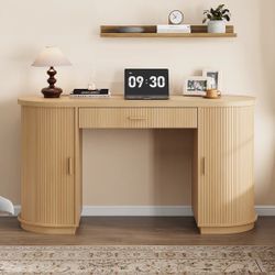 57.9” Mid-Century Executive Desk with Power Outlets, File Drawer & Storage Cabinets