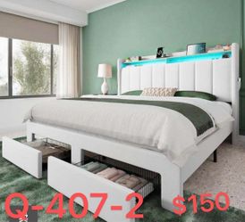 （Q-407-2）Velvet Upholstered Platform Bed Frame with LED Headboard, Storage Drawers & Charging Ports, No Box Spring Needed