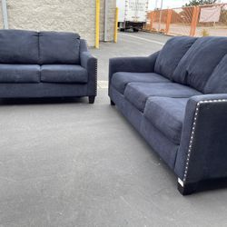 Dark Blue Nail Head Trim Couch And Loveseat