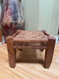 Primitive Wood Stool with Woven Seat | Rustic Farmhouse Footstool
