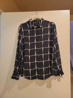 Black and White Grid Print Button-Up Blouse