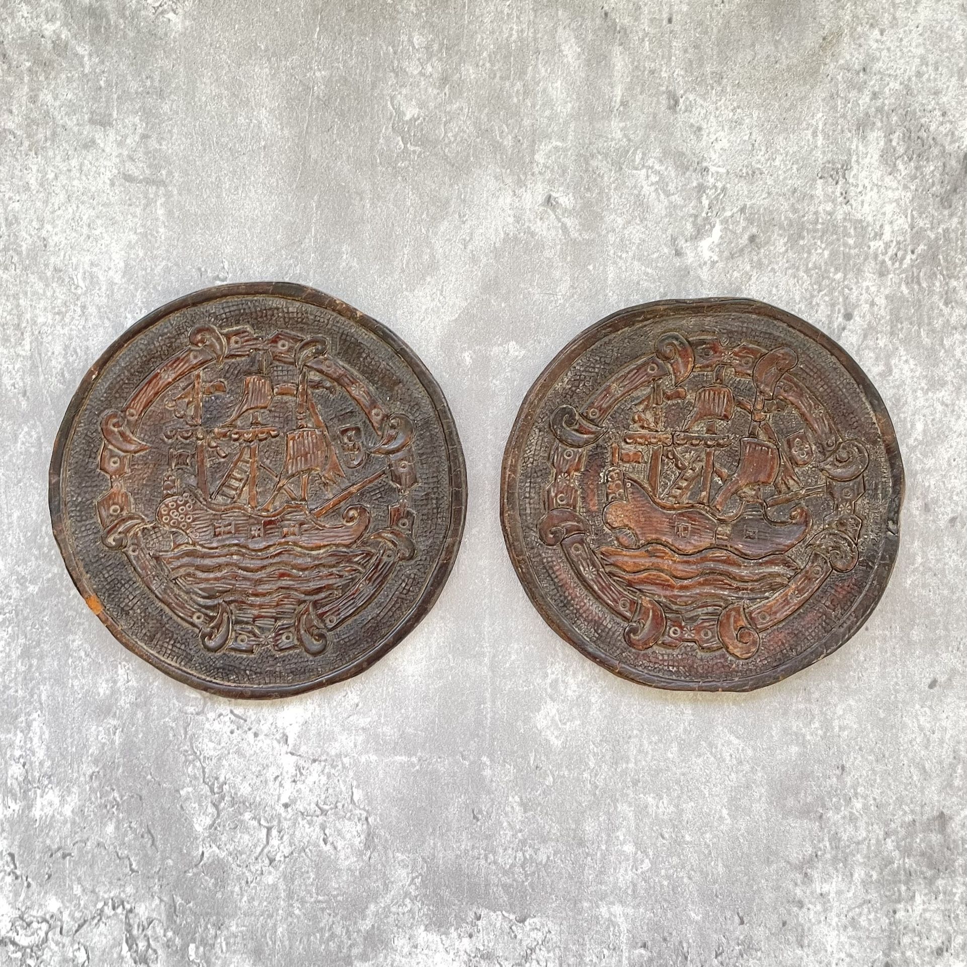 Vtg Handmade Artisanal Leather Embossed Round Coaster Set Of 2 Ship On Sea