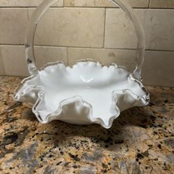 Vintage Fenton Silver Crest Milk Glass Basket Ruffled Edge Clear Glass Handle