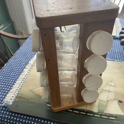 Solid Wood Revolving Spice Rack with Glass Jars