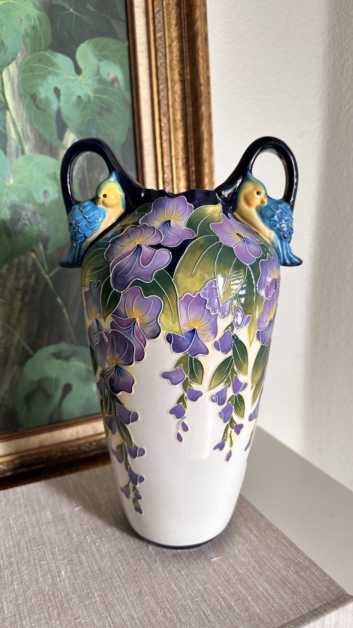 J McCall Blue Sky Icing On The Cake - Wisteria & Birds Vase Handcrafted 2005