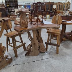 Handmaid teak solid slab top bar table and bar stools