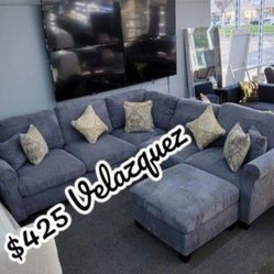 ✅️✅️ 4pc dark Grey corduroy fabric sectional sofa with rounded arms and ottoman ✅️✅️