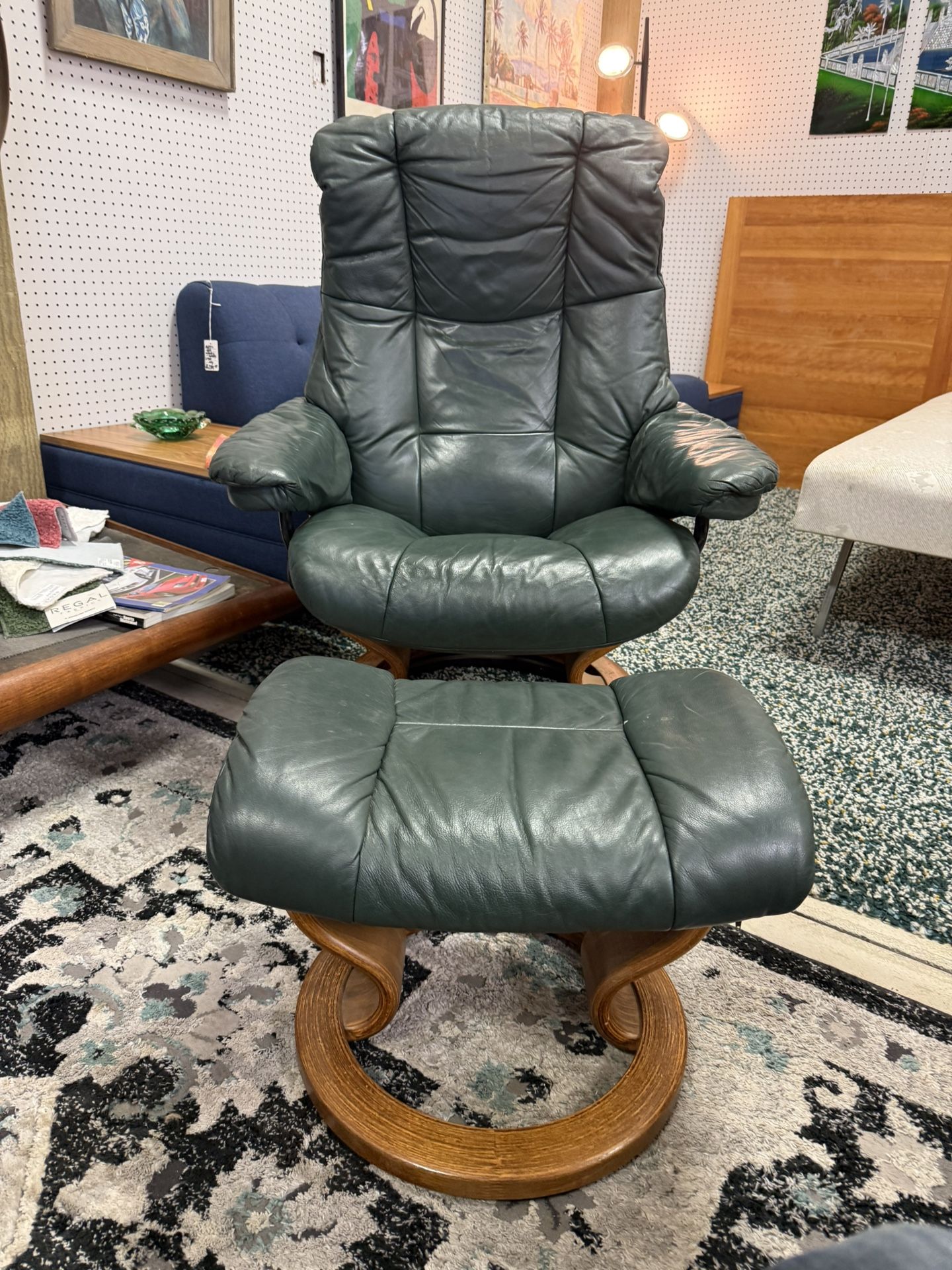 Green Leather Ekornes Stressless Recliner And Footstool