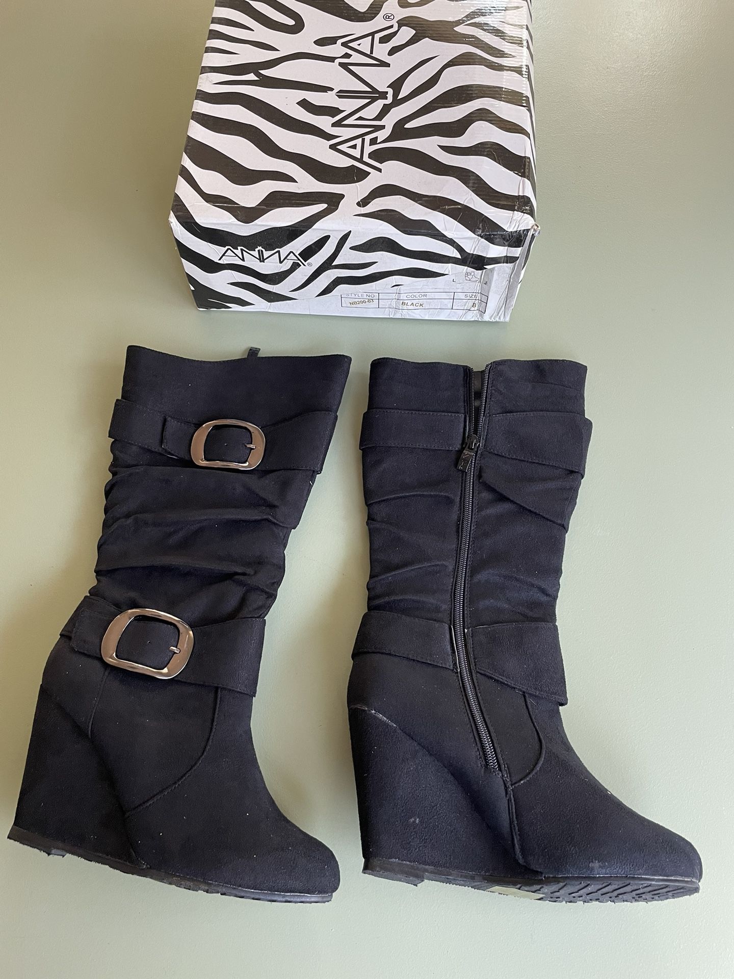 BLACK SUEDE BOOTS - NEW IN BOX - SIZE 8 