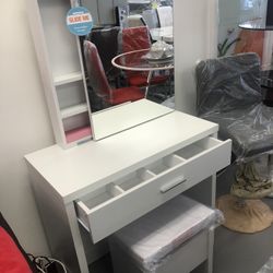 New White Vanity With Storage Mirror And Storage Stool Included