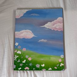 Handmade Pastel Landscape Canvas Painting Pink Clouds & Wildflowers