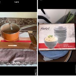 3 Qt sauce pan & 4 ceramic rice bowls 