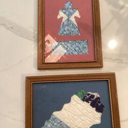 Set of two framed quilted art pieces (state of Kentucky, and angel) with wooden frames. 6” x 8”