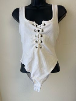 Forever 21 White Ribbed Lace-Up Tank Bodysuit size M