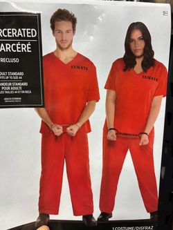 New, Adult Inmate Prisoner Costume fits size up to 44. L/XL