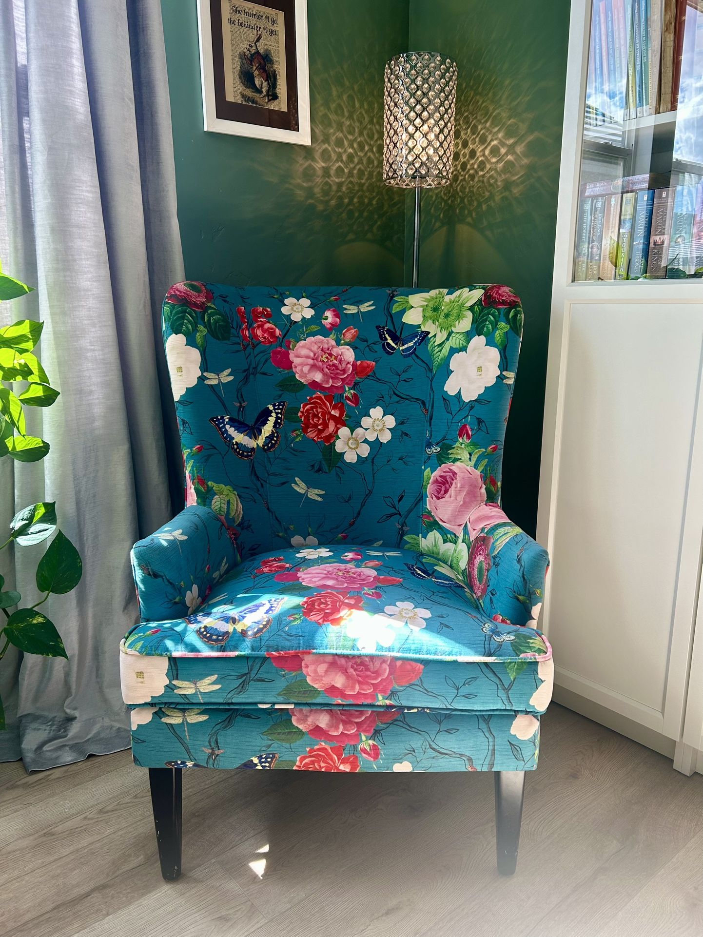 Pier 1 Blue Floral Velvet Wing Chair