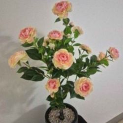 *** NEW LOW PRICE *** 4ft Faux Champagne Camellia Topped with Pink/Translucent Stone in a 15in Resin Planter @ Lasting Creations