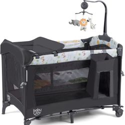 in 1 Pink Pack and Play, Baby Bedside Sleeper with Bassinet, 3 Adjustable Heights, Music Box, Easy to Install, Foldable Bedside Crib w/Changing Table,