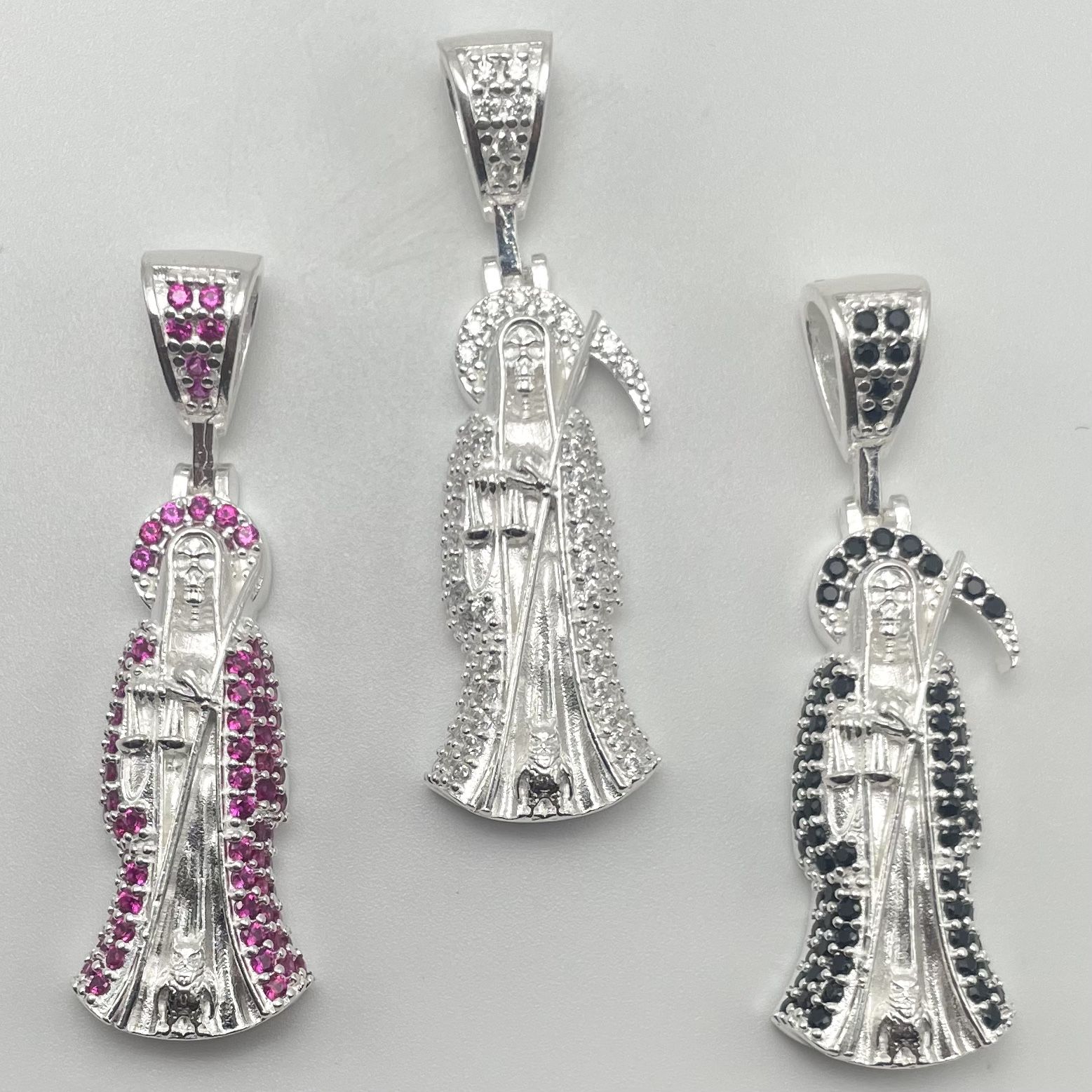 Solid 925 Silver Santa Muerte Pendant CZ