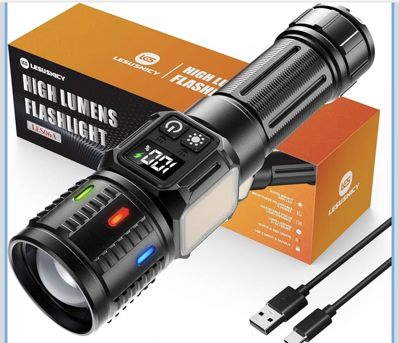 Rechargeable Flashlights High Lumens 10000, Super Bright LED Flash Light Long Lasting USB C LCD Display, Daul Light Source & Buttons with Red Light, f