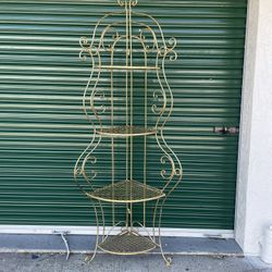 Antique Wrought Iron Gold Ornate Folding Tier Corner Shelf Display