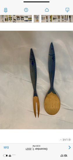Vintage Swedish fish handle wooden utensils,hand painted carved spatula Fork 7”