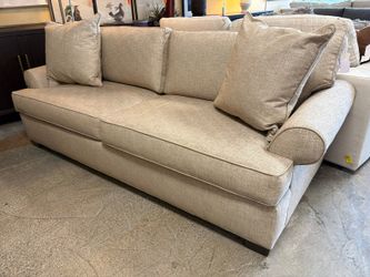 ETHAN ALLEN Burlap Feather Filled Roll Arm Sofa w/ Accent Pillows
