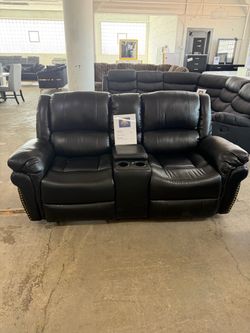 Black Leather Reclining Loveseat with Console