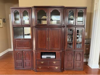 Traditional Cherry Wood 3-Piece Entertainment Center Wall Unit with Arched Glass Doors