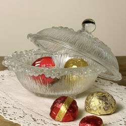 Aderia Japan 1970s Bubble Lace Clear Glass Lidded Candy Dish, 5x4.5” NWT