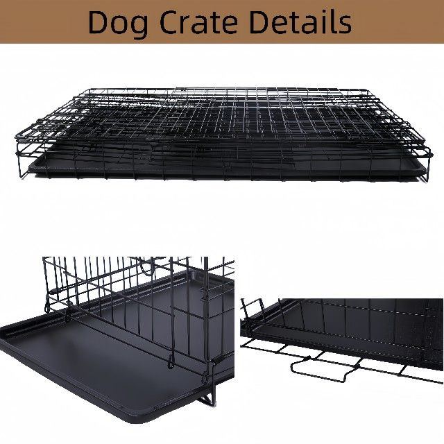 Dog Wire Cage 48 inches Reinforced Dog Crate Collapsible Pet Cage with Double Doors Leak Proof Plastic Tray Outdoor Indoor Portable for Pets Cats and