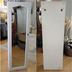 Jewelry Cabinet Armoire Mirror 4ft Tall White Wood Can Hang 6 Drawers Lock Key Storage