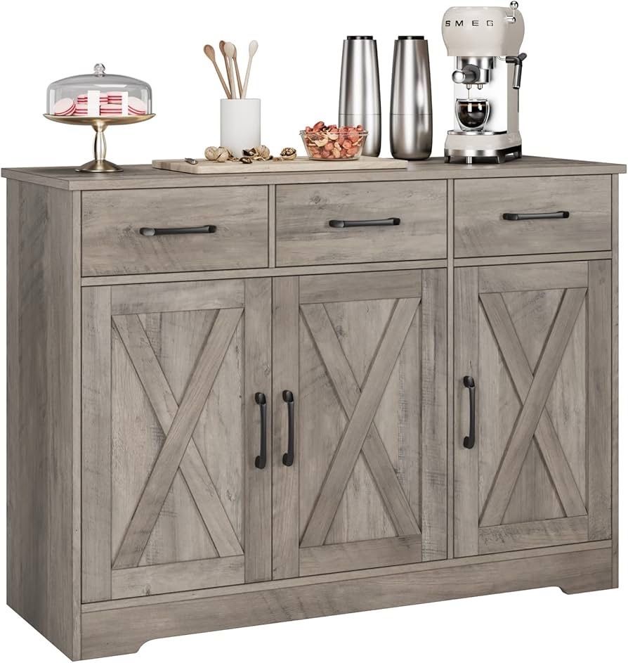 Modern Farmhouse Buffet Sideboard Cabinet, Barn Doors Storage Cabinet with Drawers and Shelves, Wood Coffee Bar Cabinet with Storage for Dining Room, 