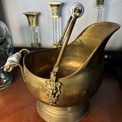 Brass Coal Scuttle Bucket w/ Lion Decor and Ceramic Handles