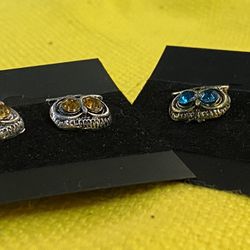 Jeweled Silver Plates Owl Earrings (2 Pairs)