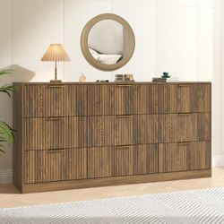 Fluted Wood Dresser for Bedroom,63” Wide 9 Drawer Dresser Mid Century Chest of Drawers Wooden with