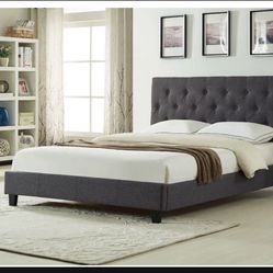 Brand New In Box Full Size Dark  Grey Linen Upholstered Bed With Mattress. Assembly Required, We Can Deliver, Cama Con Colchon.