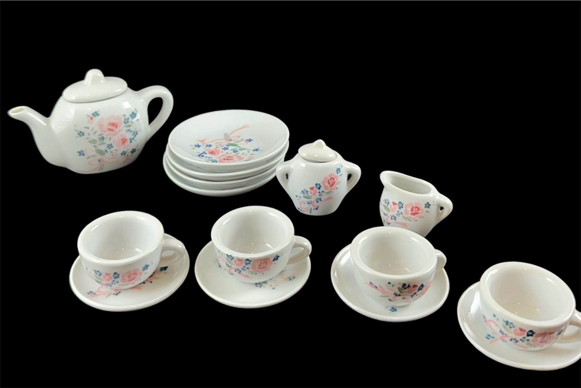 VTG Miniature China Toy Tea Set 4 Piece Place Setting—Cups & Saucers, Plates, Teapot, Cream & Sugar