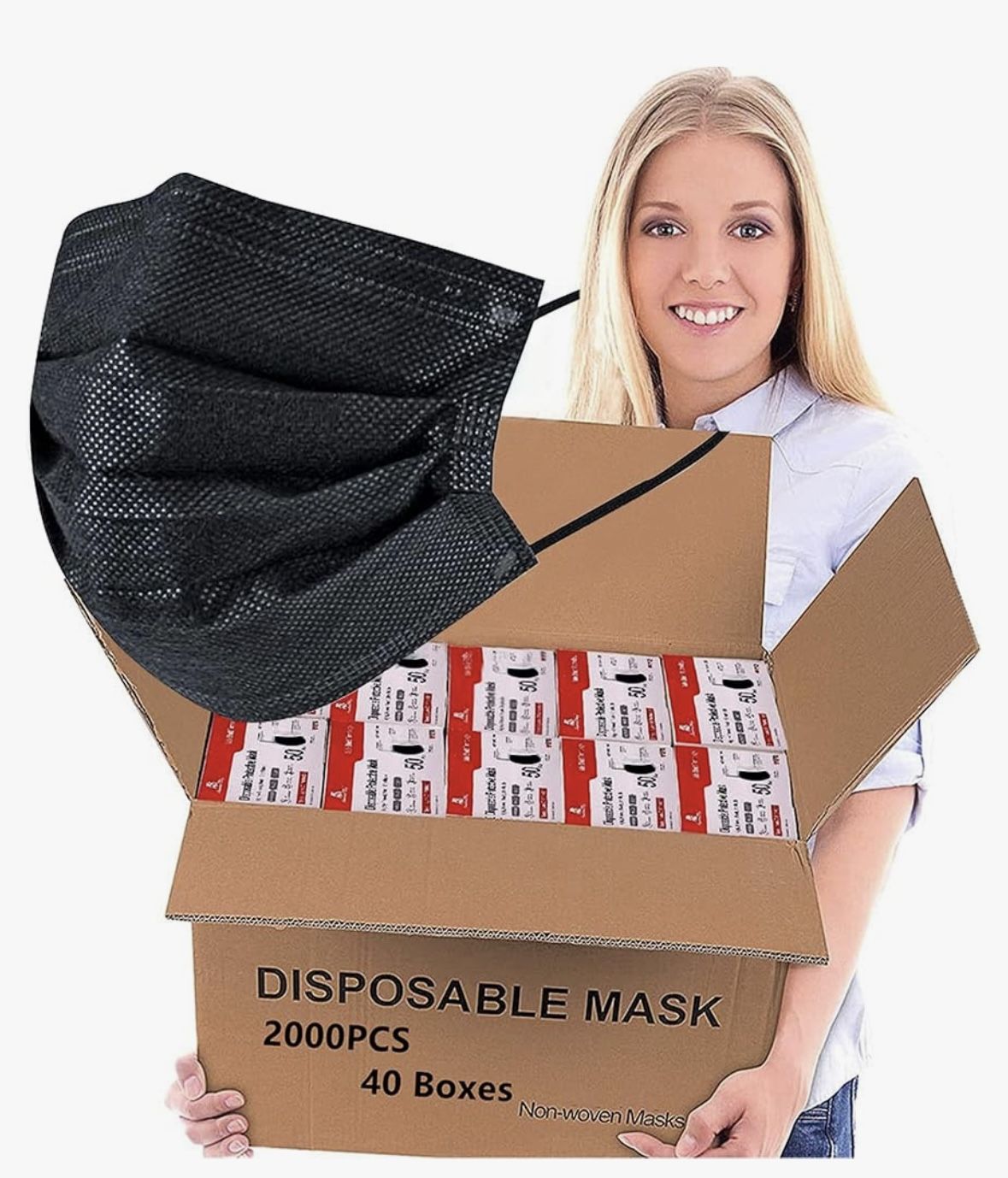 Montana West 2000 PCS Bulk Black Face Masks (40 Packs, 50pcs/Pack), Non Woven Thick 3-Layers Masks with Adjustable Earloop