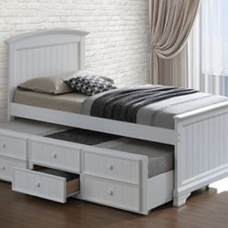 Brand New White Twin Size Bed w Trundle Bed + Drawers