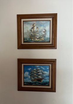 Pair of Framed Nautical Ship Oil Paintings