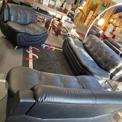 New Black Leather 3pcs Sofa Set 