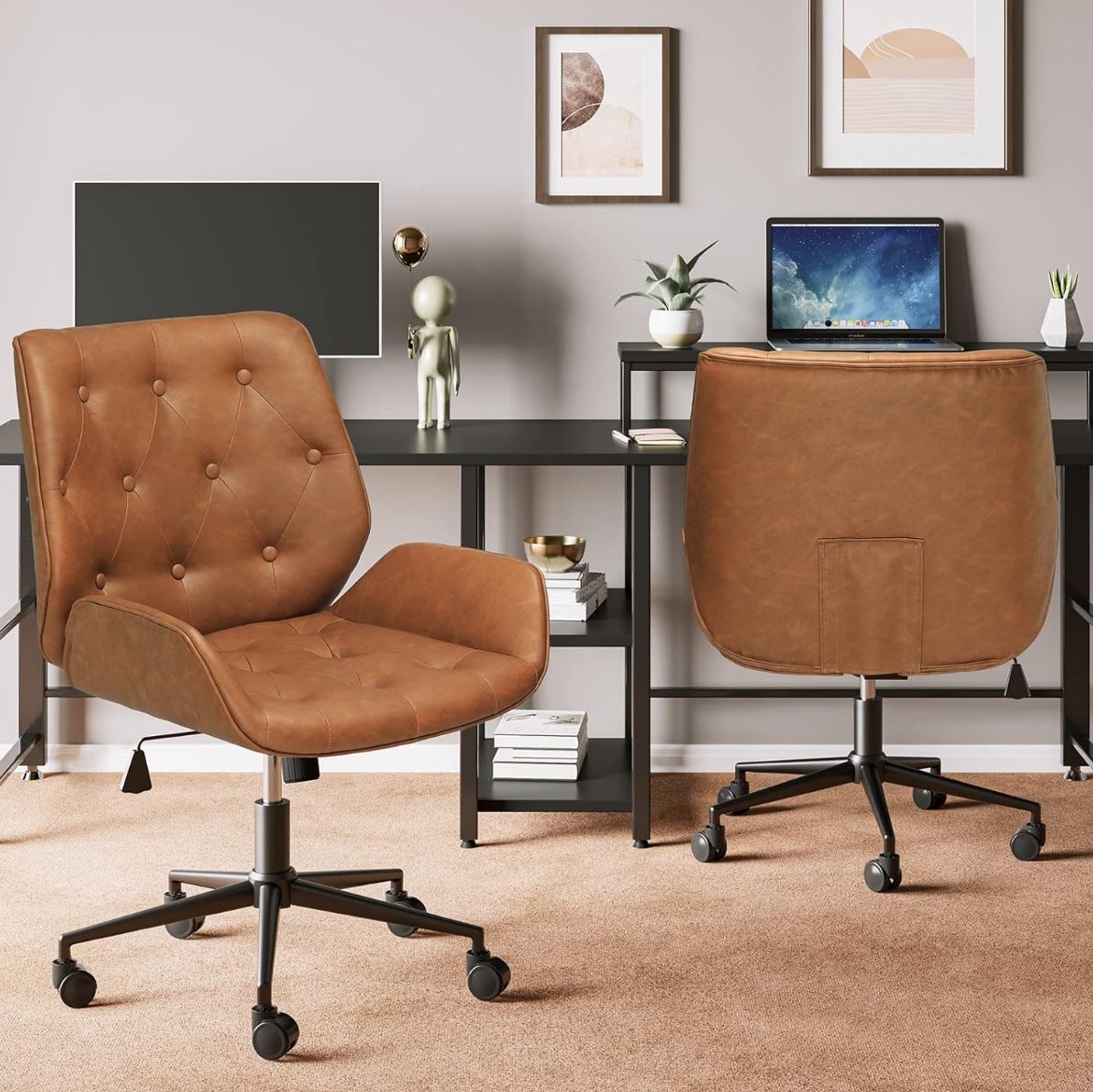 😀DICTAC Office Chair Brown Leather, Armless Desk Chair, Modern Home Office Desk Chair